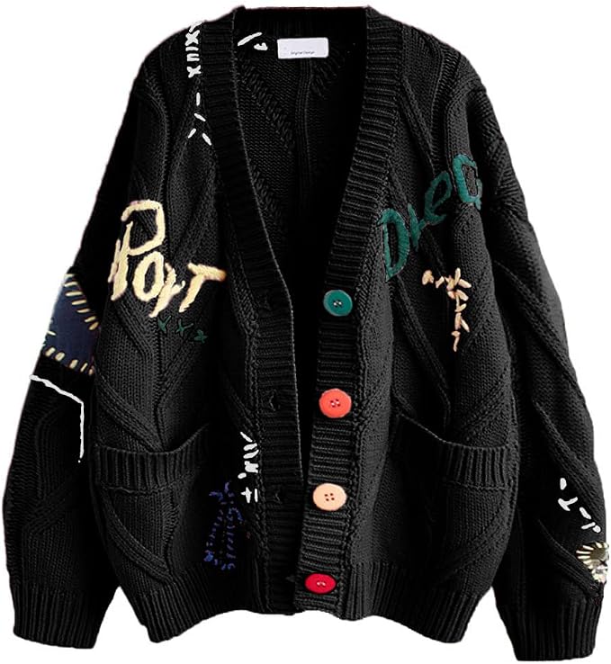 Women's Cable Knit Cardigan, Long Sleeve, Open Front, V-Neck, Button Placket, Embroidered Wool-Blend Sweater Jacket for Outdoor Wear