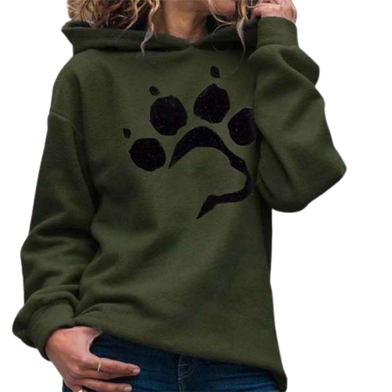 ulafbwur Autumn Winter Women Dog Paw Print Hoodie Long Sleeve Pullover Hooded Sweatshirt Flimikun, Green, XL