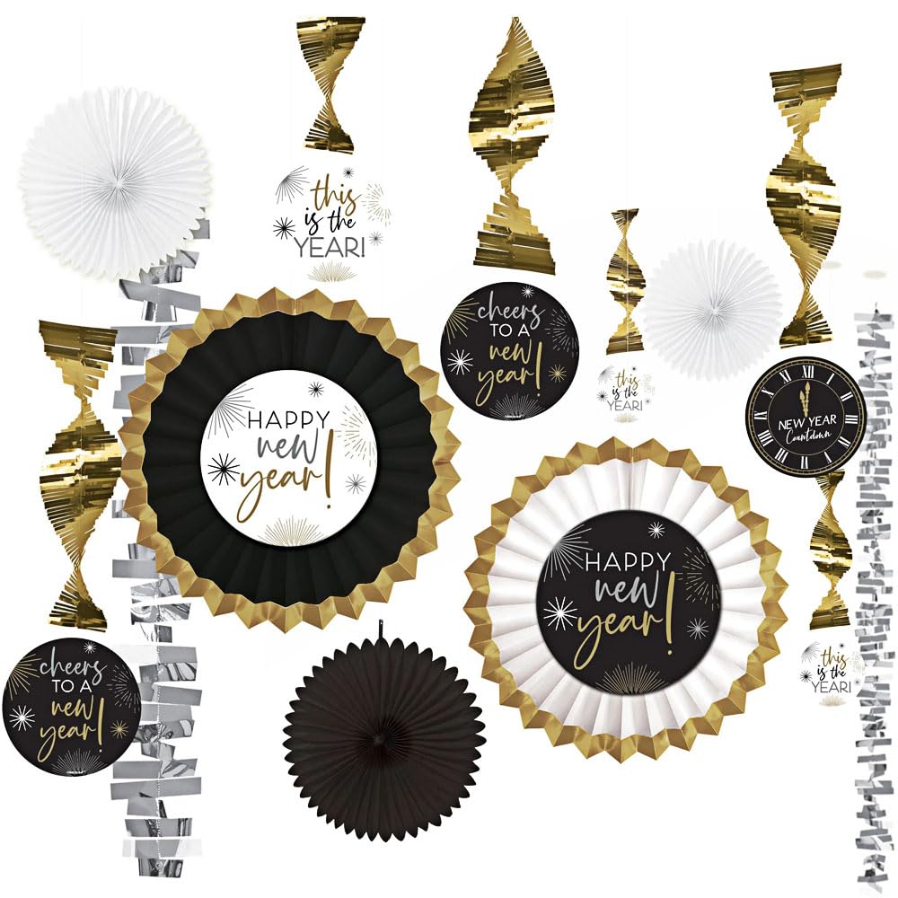amscan 244255 Silvester-Dekorationen zum Aufhängen aus Papier und Folie, Set aus Gold, Silber, Schwarz