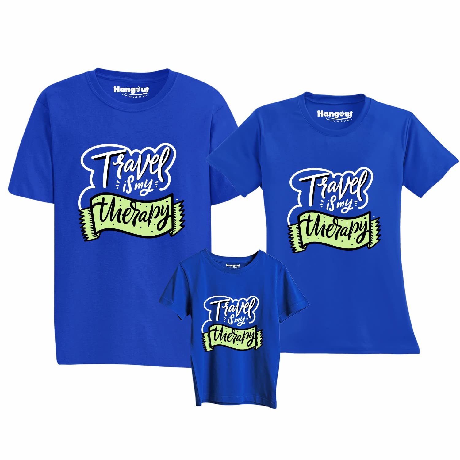 Hangout HubHH73 Cotton Family Tshirts Dad Mom Son | Travel Is My Therapy Printed | Blue Color Matching Twinning Tees (Set of 3)