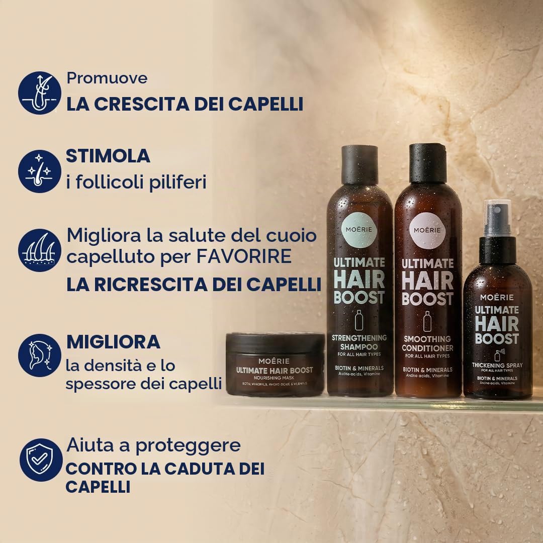 Set capelli Moérie shampoo e balsamo con maschera e spray, prodotti per crescita capelli premium, per capelli più lunghi e folti, prodotti volumizzanti capelli senza parabeni/silicone, 8 articoli