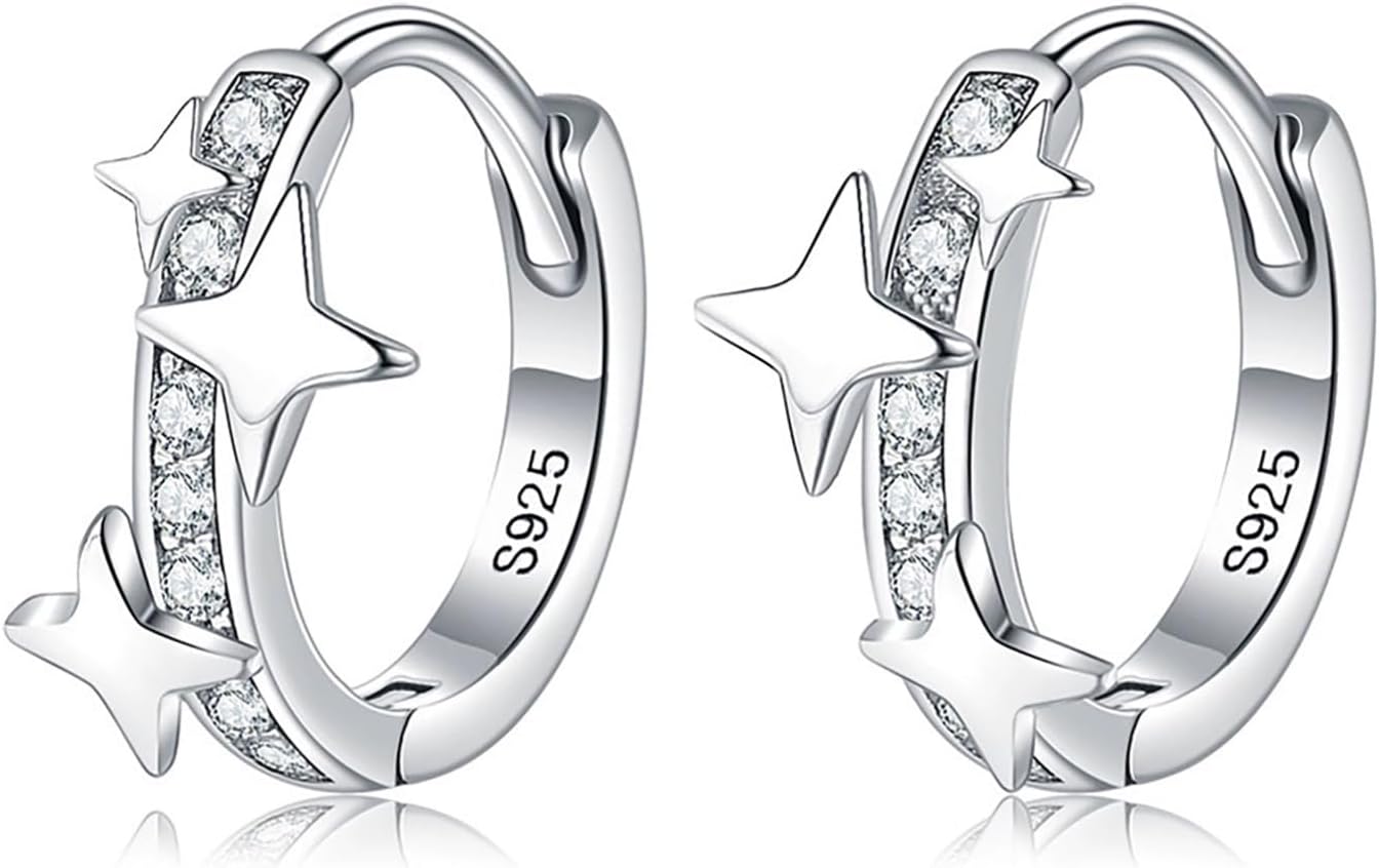 Reffeer Solid 925 Sterling Silver CZ Star Hoop Earrings for Women Teen Girls Star Huggie Hoop Earrings Hypoallergenic