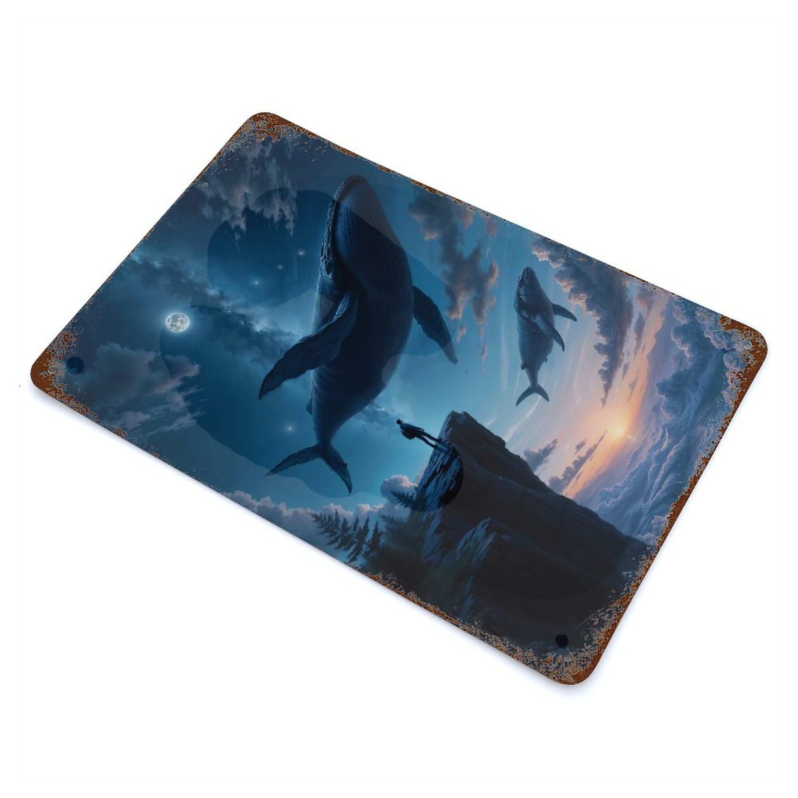 Flying Whales Fantasy Sunset 11.8"x7.9" Rust Effect Tin Sign, Industrial Home Decor for Living Room, Hallway And Home Decor
