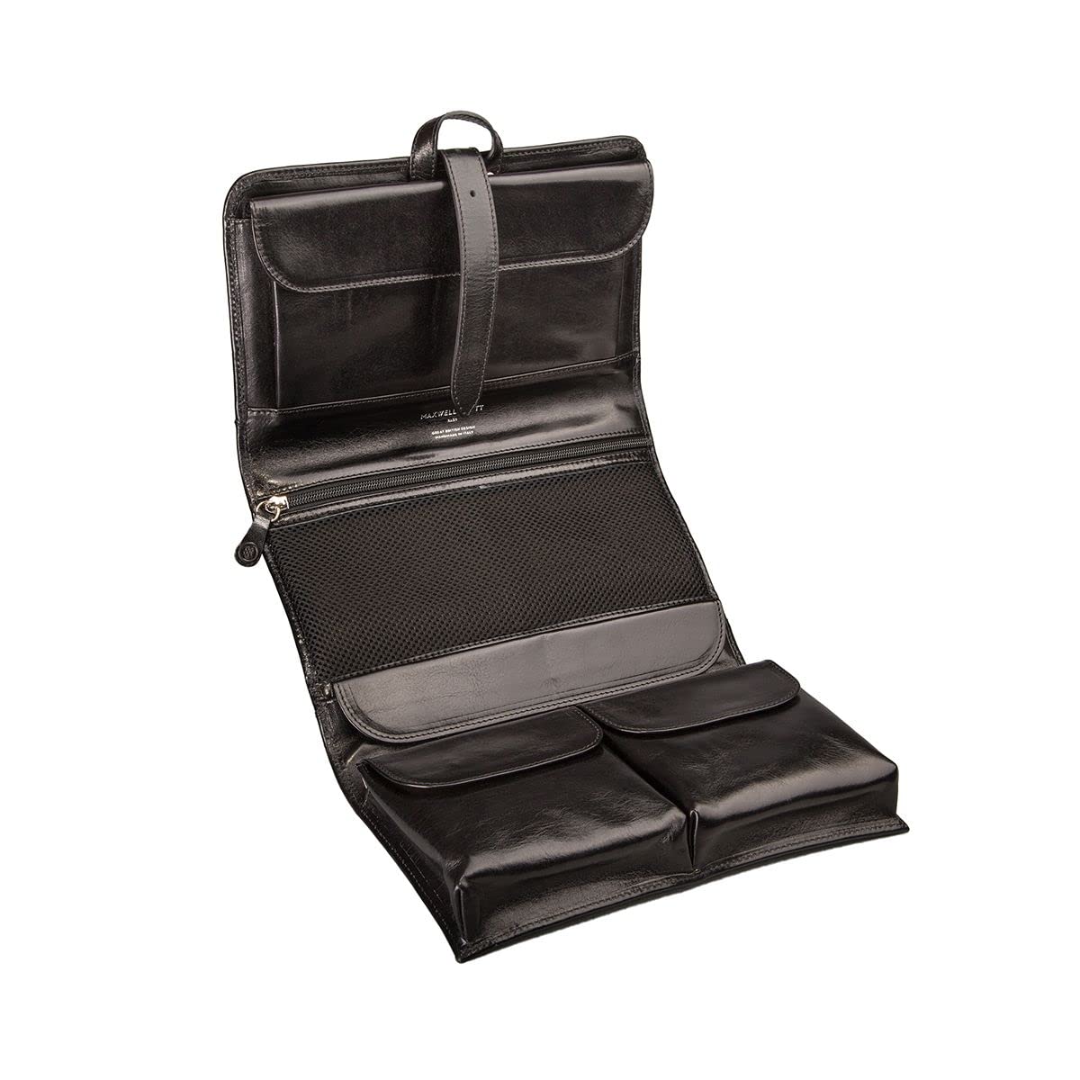 Maxwell Scott - Personalized Mens Luxury Leather Folding Hanging Toiletry Bag with Buckle Fastening and Hook - The Pratello