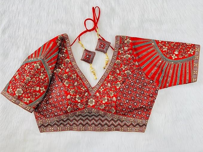 Image of Pujia Mills Mills Women's Fancy Readymade Heavy Coding Embroidary Worked Half Sleeve Multicolor Saree Blouse(Mushroom)