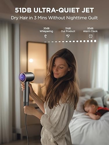 Miniatura 7 de Secador de pelo, secador automático de doble voltaje profesional de alta velocidad de 160000 rpm, difusor iónico, secador de pelo para secado