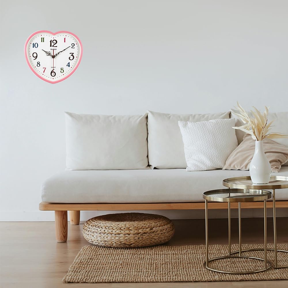 Love Heart Silent Wall Clock, 10 Inch – Colored Numbers, Perfect for Bedroom or Living Room (Pink)