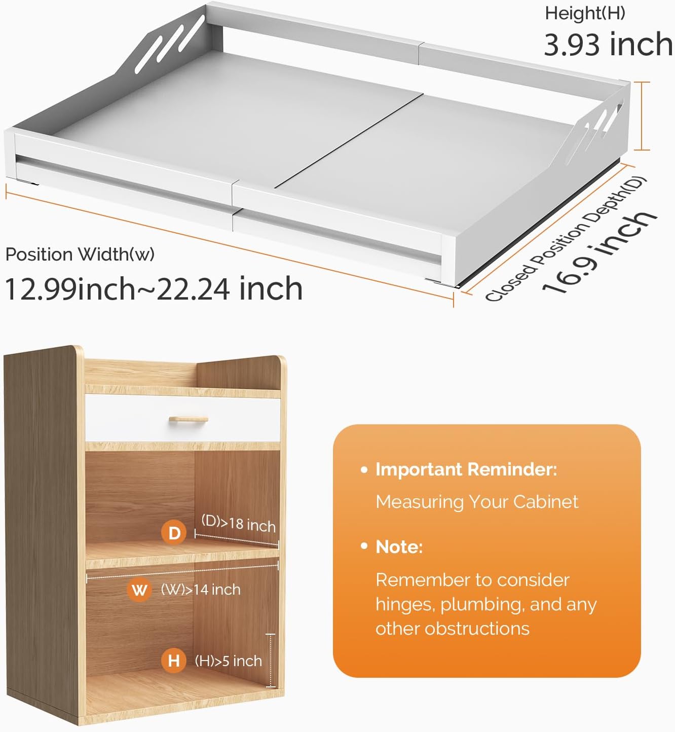 MaraFansie Pot Stands Pull Out Cabinet Organizer Expandable(13"-19.68") Sliding Shelf with Adhesive Nano Film, Adjustable Width Roll Out Under Sink Organizer for Kitchen