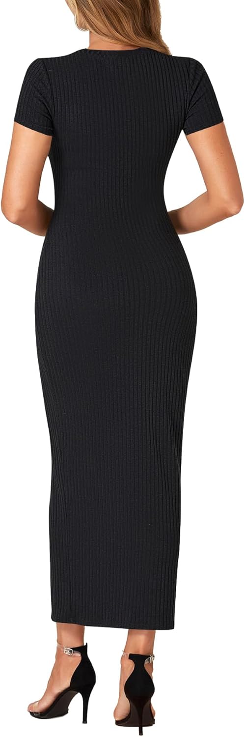 Umenlele Women’s Casual Short Sleeve Ribbed Knit Bodycon Fitted Pencil Long Maxi Dress - Image 2