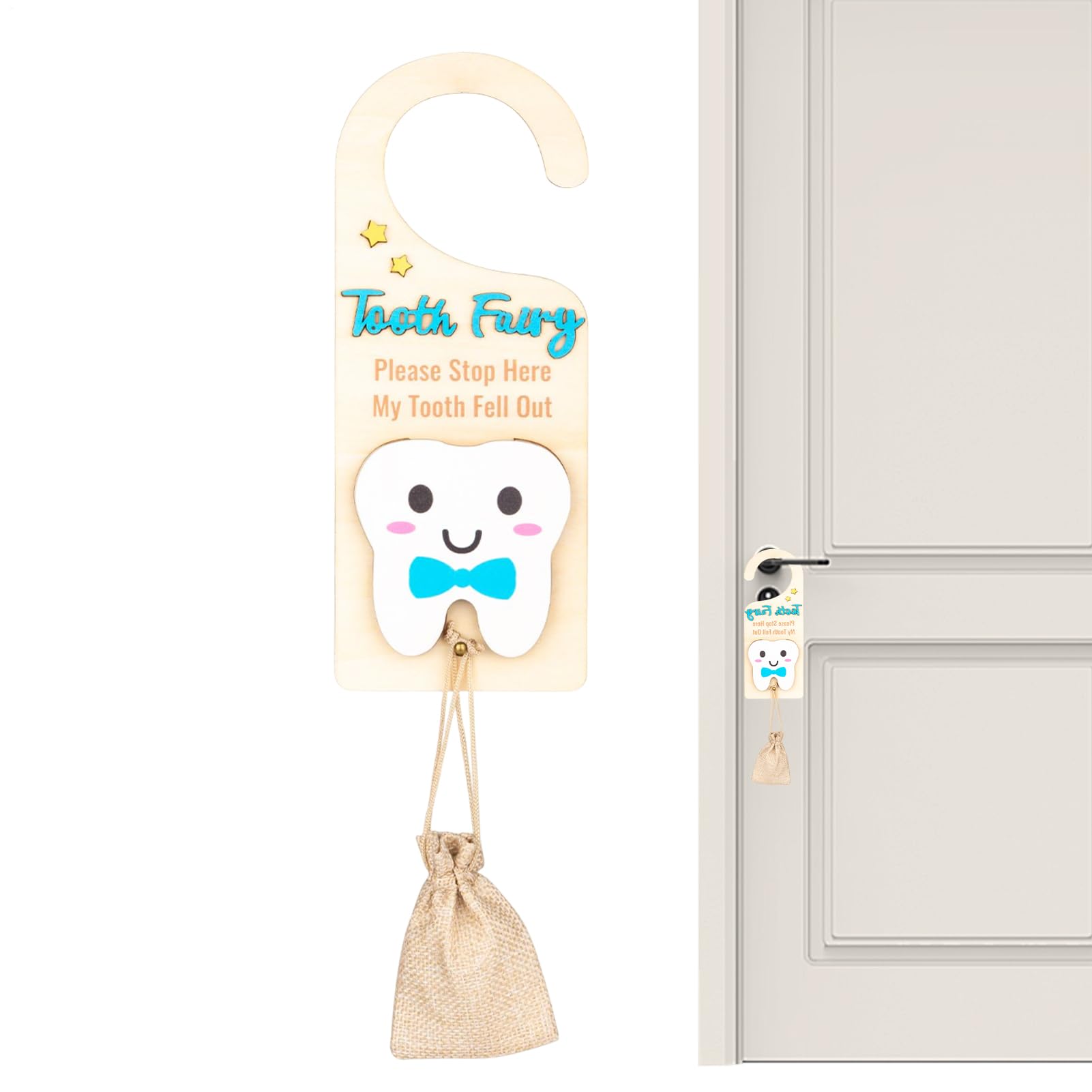 Tooth Fairy Hanger, Tooth Fairy Tooth Holder, Handcrafted Wooden Hanger, Milk Teeth Keepsake Container With Money Slot, Tooth Holder Encourage Keepsake With Bag For Room, Decor