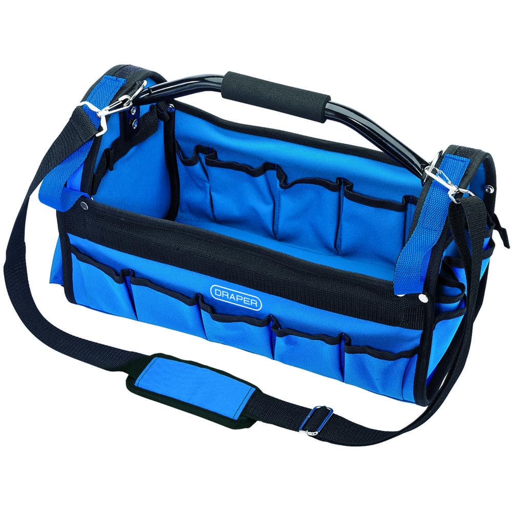 Draper Borsa porta attrezzi resistente, organizer per attrezzi, kit di strumenti aperti, nylon rigido, manico tubolare in acciaio, tracolla regolabile, 85751