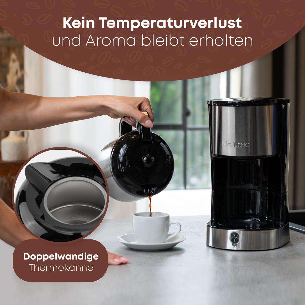Clatronic® KA 3805 Coffee Machine with Thermos Flask for 8-10 Cups of Coffee (Approx. 1.2 L) | Filter Coffee Machine Stainless Steel | Double-Walled Thermos Flask | No Temperature Loss | Coffee