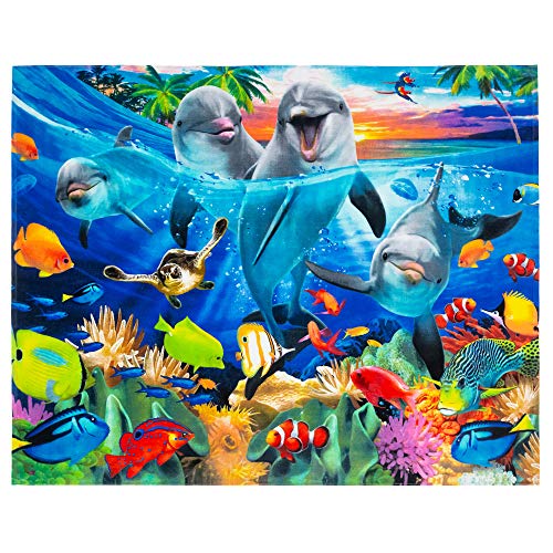 Playful Dolphins Beach Blanket 54 x 68 inch Beach Towel Coral Reef with Clown Fish 100% Cotton Family Size