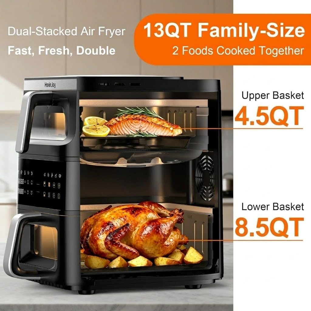 13QT Dual-Basket Air Fryer, Vertical Compact Large Air Fryers with viewing window & Independent Light, 10-in-1 Presets for Home Family, Bake/Grill/Dehydrate/Reheat, Freidora De Aire Dishwasher-Safe