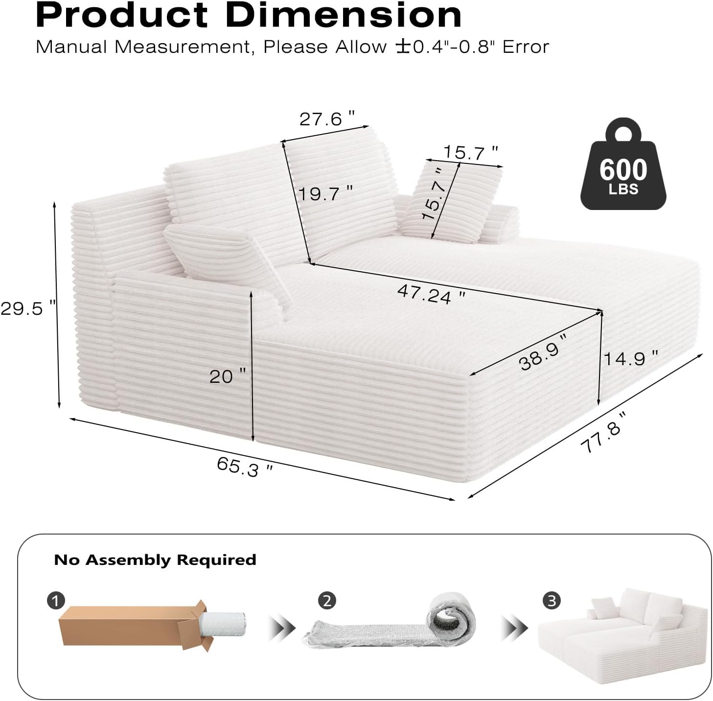 Benevika 77.8" Chaise Lounge Chair Sofa Bed, Oversized Double Lounge Chair, Cream Corduroy Cloud Couch, Sleeper Sofa for Living Room, Bedroom, No Assembly Required