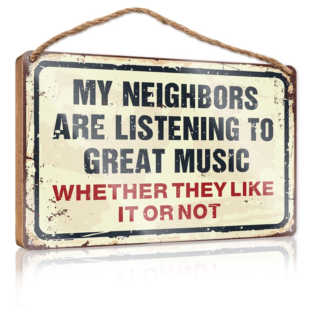 FZFN Wood Sign Decor My Neighbors Are Listening To Great Music Wooden Sign Hello Winter Sign Fall Front Porch Decorations(23X35CM)