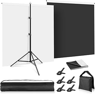 Telón de fondo blanco y negro con soporte, kit de fondo de pantalla 2 en 1 de 6.5 x 5 pies para transmisión de teclas Chroma Key para sesión de fotos de juegos con bolsa de transporte y 5