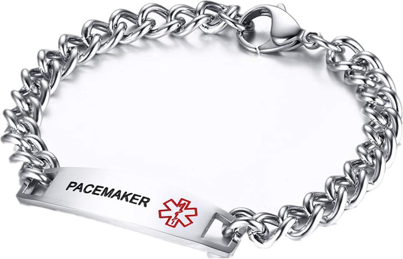 FlongoSOS Women's Medical Bracelet Men's Bangle Stainless Steel Bracelet Chain Curb Chain Silver Disease Medical Alert ID Emergency Medical Brand Men's Accessories