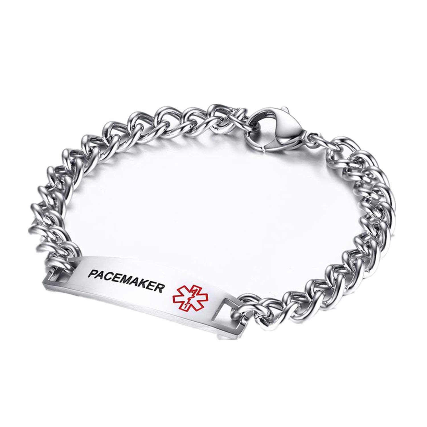 FlongoSOS Women's Medical Bracelet Men's Bangle Stainless Steel Bracelet Chain Curb Chain Silver Disease Medical Alert ID Emergency Medical Brand Men's Accessories