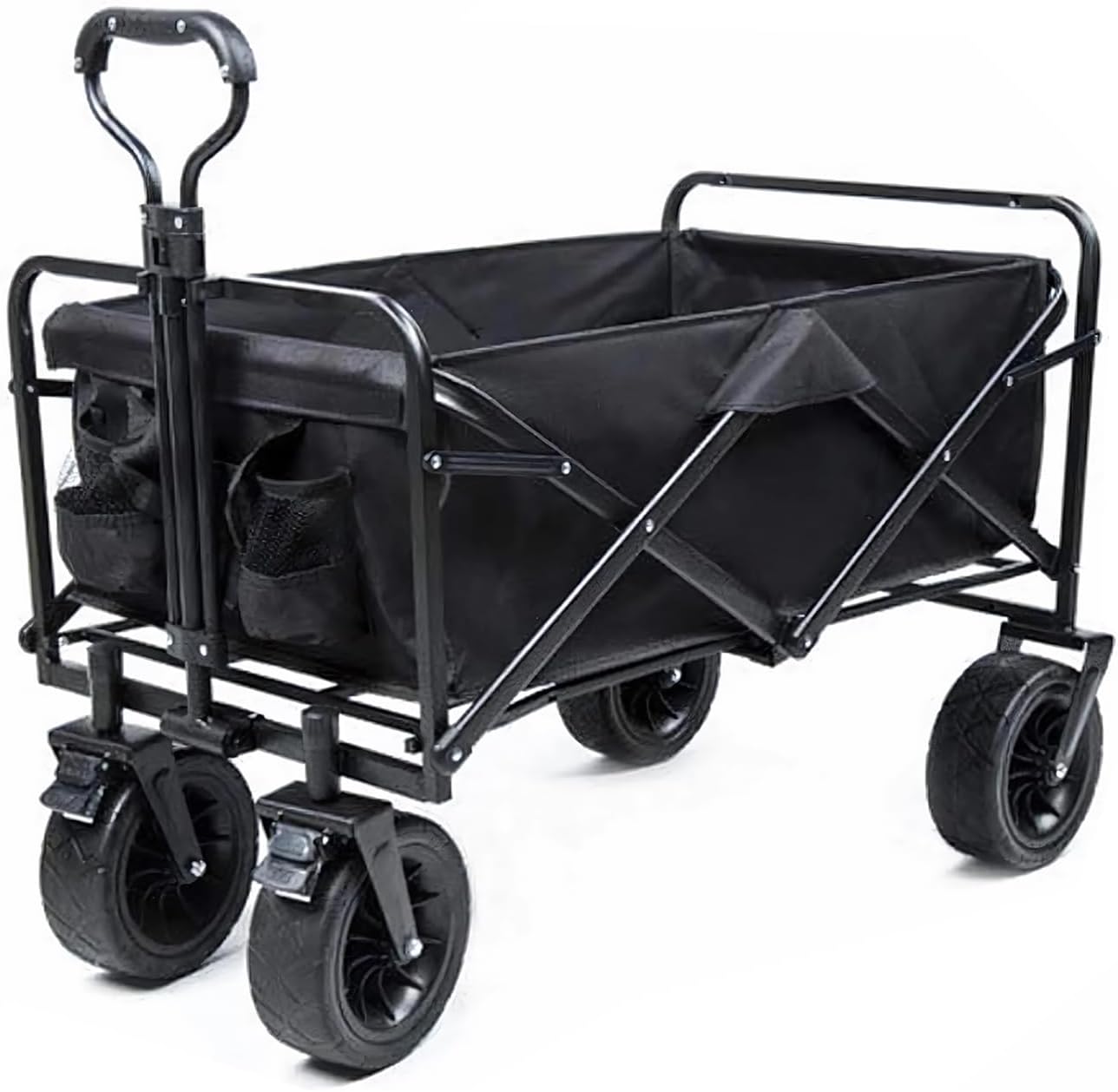 KEDAZM Collapsible Folding Wagon Cart with Brake, Foldable Wagon with Adjustable Handle for Outdoor Activities, Camping Wagon with Off Road Wheels for Beach, Easy Assembly, Black