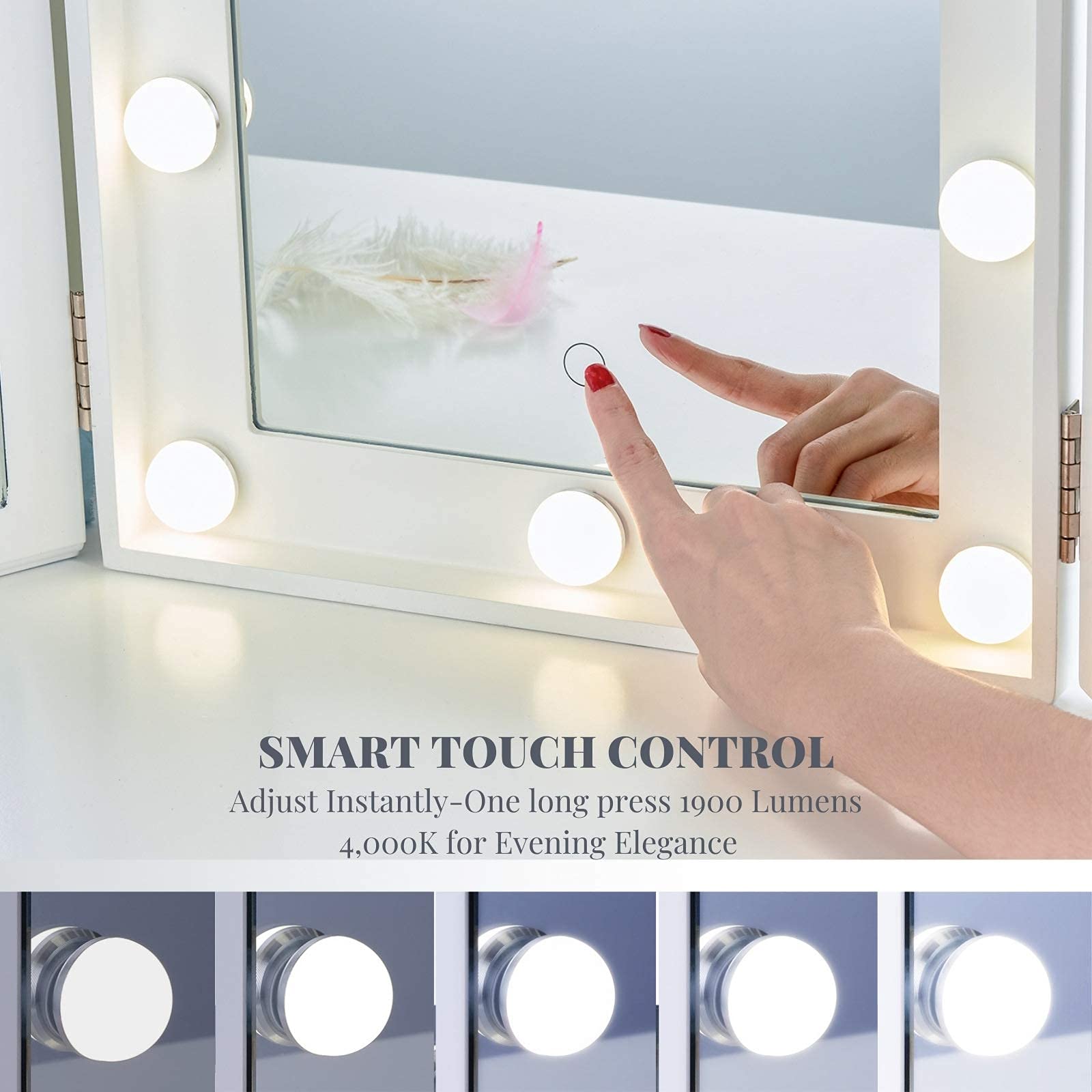 LUXFURNI Makeup Mirror with LED Lights, Large Hollywood Vanity Tri