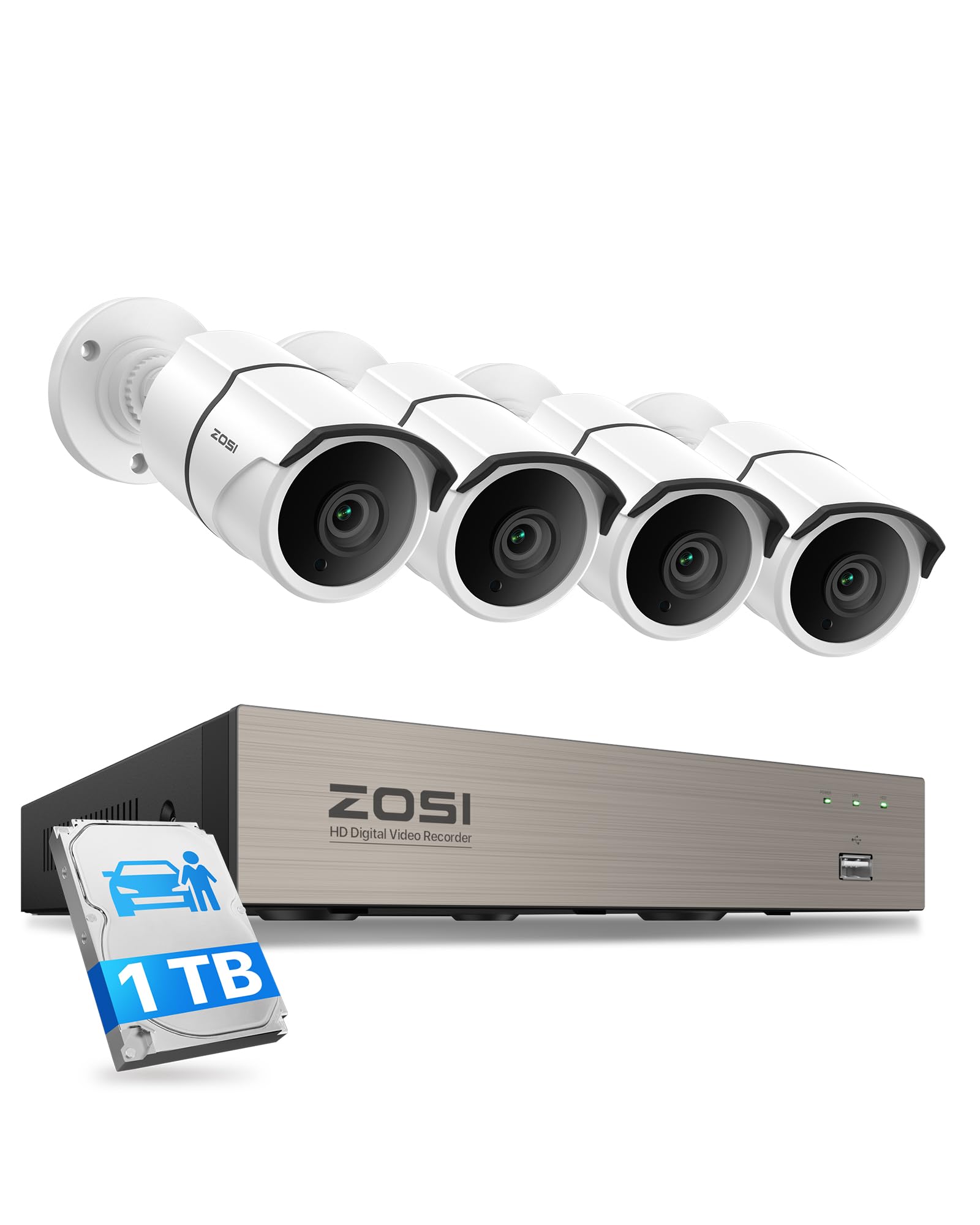 ZOSI 8CH 3K Lite Home Security Camera System Outdoor,AI Human/Vehicle Detection,Night Vision,4pcs 1080P Metal Weatherproof Cameras with 1-Way Audio,H.265+ 8Channel DVR with 1TB HDD for 24/7 Recording