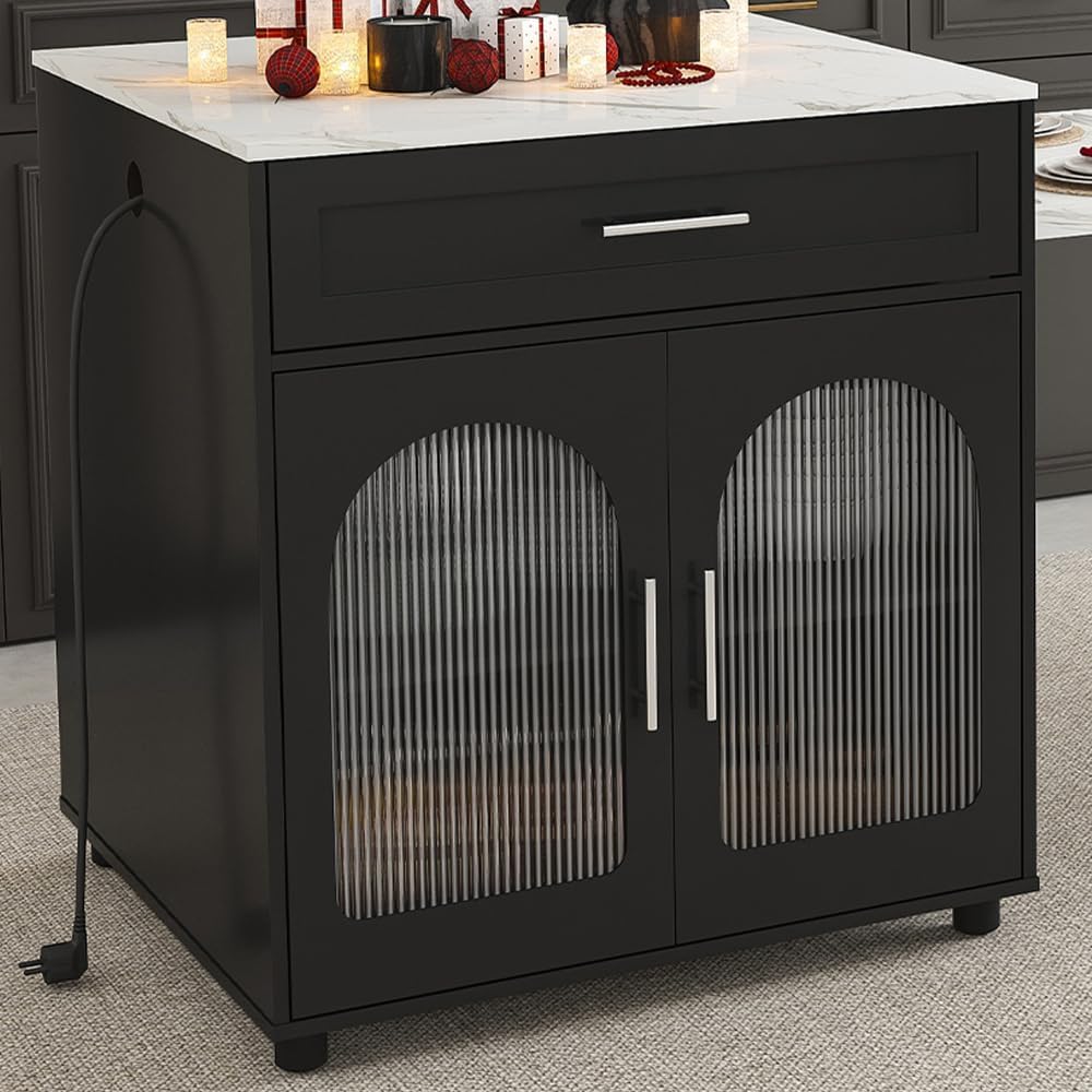 Lispin 80-inch Expandable Kitchen Island with Dining Table, Solid Wood Grain Countertop with Power Outlet, Mobile Storage Cart with Cabinet & 2 Drawers, Kitchen Prep Table (Black + MDF)