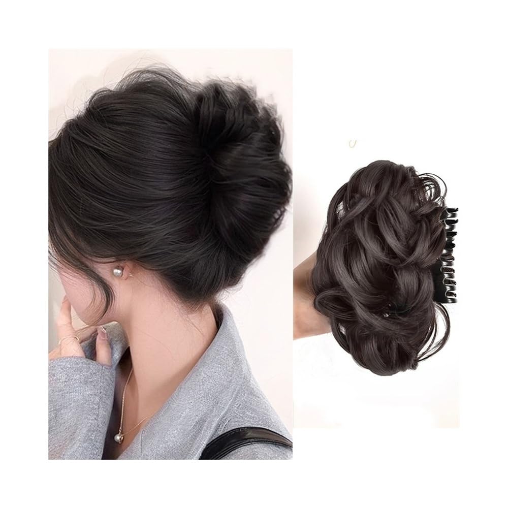 Hair Bun Synthetic Messy Bun Hair Extensions Claw Clip Wavy Curly Ponytail Hairpiece Scrunchies(Natural Black)