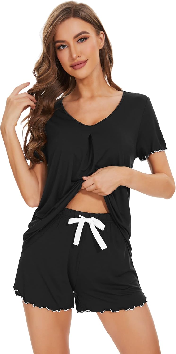 WiWi Womens Pajamas Set Bamboo Viscose Super Soft Short Sleeve Top Ruffle Shorts Sleepwear Cooling Pj Sets S-XXL