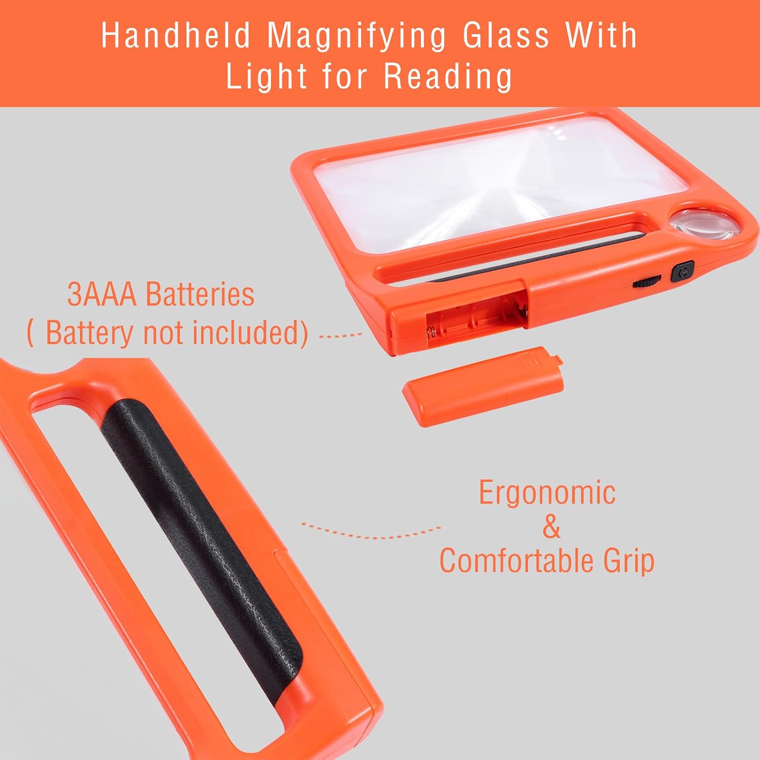 5X 10X Lighted Magnifying Glass for Reading - Handheld Magnifier with LED Lights for Seniors, Elderly, Low Vision - Large Magnification for Books, Newspapers (Orange)