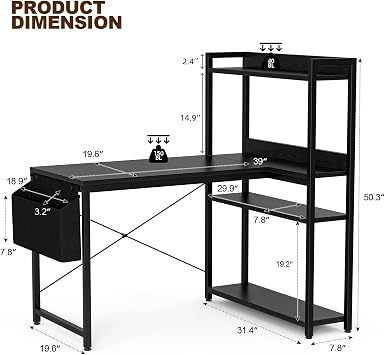 Grandder 120x80 cm L Shaped Gaming Desk with Reversible Storage Shelves, Computer Desk Home Office Corner Study Writing Table with Hutch, Study, Black