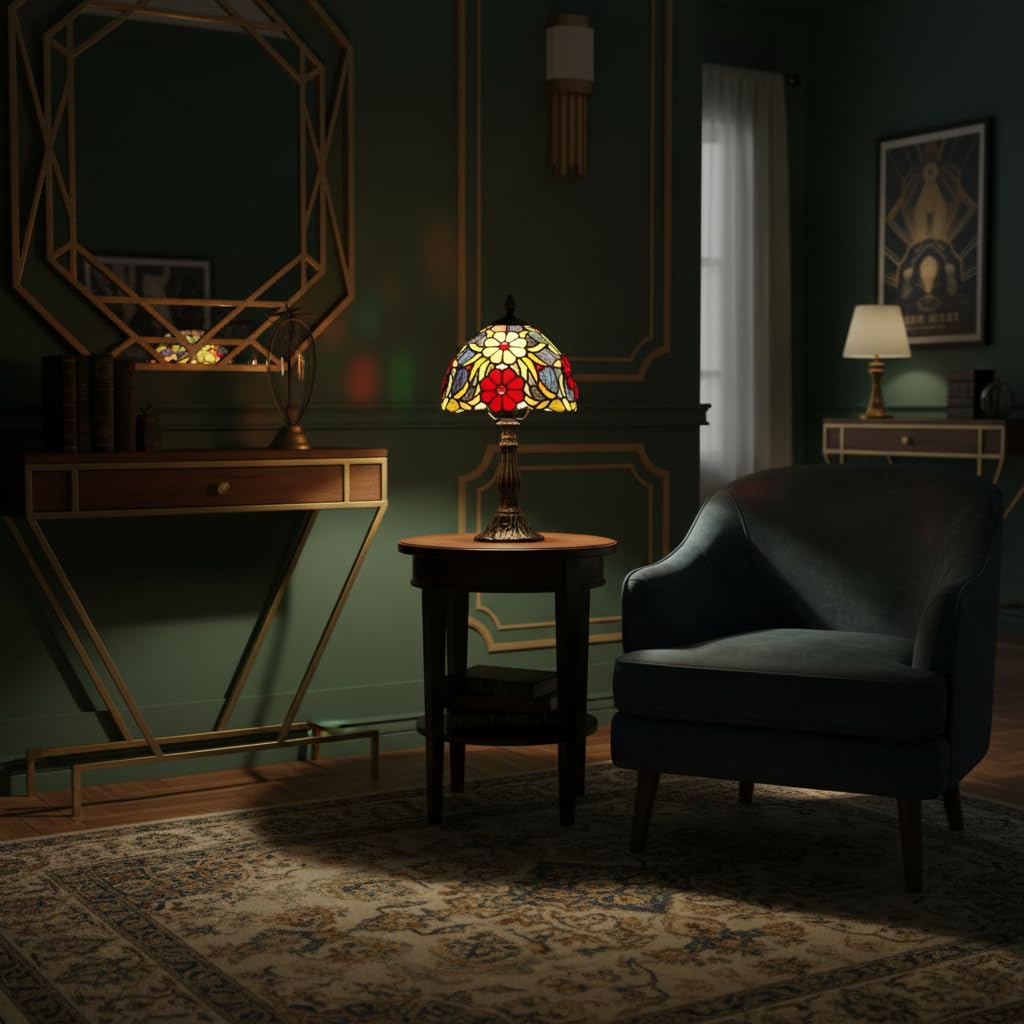 BARCELONA LED Lámpara de Mesa Estilo Tiffany “Saura” Ø20cm | Lámpara Sobremesa Vintage Clásica de Vidrio Art Nouveau. Lámpara Mesita de Noche Retro E27 para Salón y Dormitorio