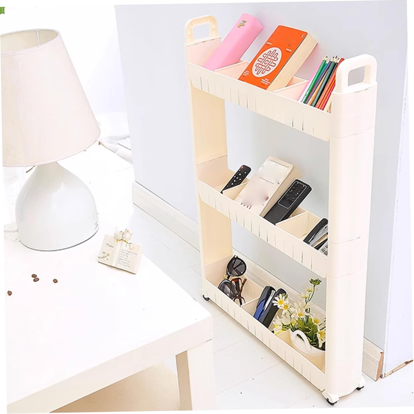 Carrito utilitario delgado de 3 niveles con ruedas, carrito de almacenamiento estrecho con ganchos y divisiones, estantes de plástico para cocina, baño, oficina, lavandería, 29 x 18 x 4 pulgadas