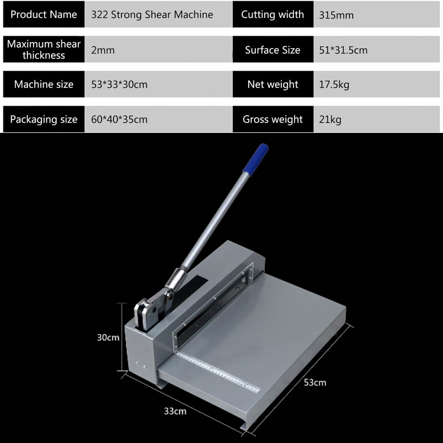 Manuelle Guillotine-Metallschere, 320 mm, Handplattenschere zum Schneiden von Leiterplatten, Aluminium, Eisen, Kupfer und Kunststoffplatten, Schnittstärke 2 mm
