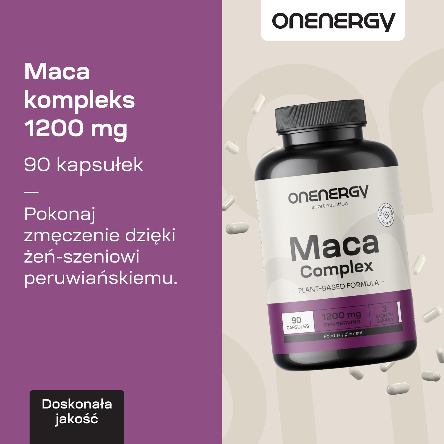 Maca kompleks 1200 mg - Wyciąg 20:1-90 kapsułek - Zawiera L-argininę, cynk, kozieradkę, jabłczan L-cytruliny i czerwony żeń-szeń - Dla mężczyzn i kobiet - Zapas na 3 miesiące