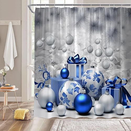 Miniatura 2 de Cortina de ducha de Navidad, bolas azules plateadas, estrellas, fantasía, vacaciones de invierno, feliz año nuevo, cortina de decoración de baño con