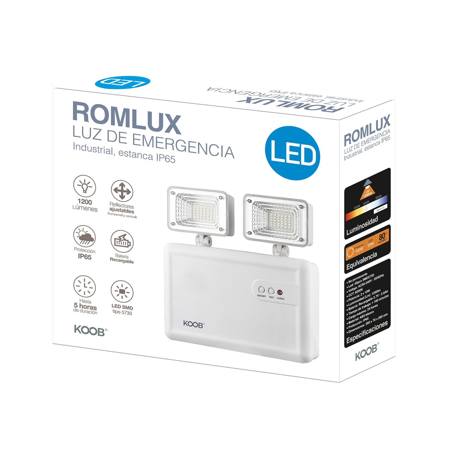 LEDBOX Luz de emergencia LED ROMLUX, Estanca IP65, Industrial, Blanco frío