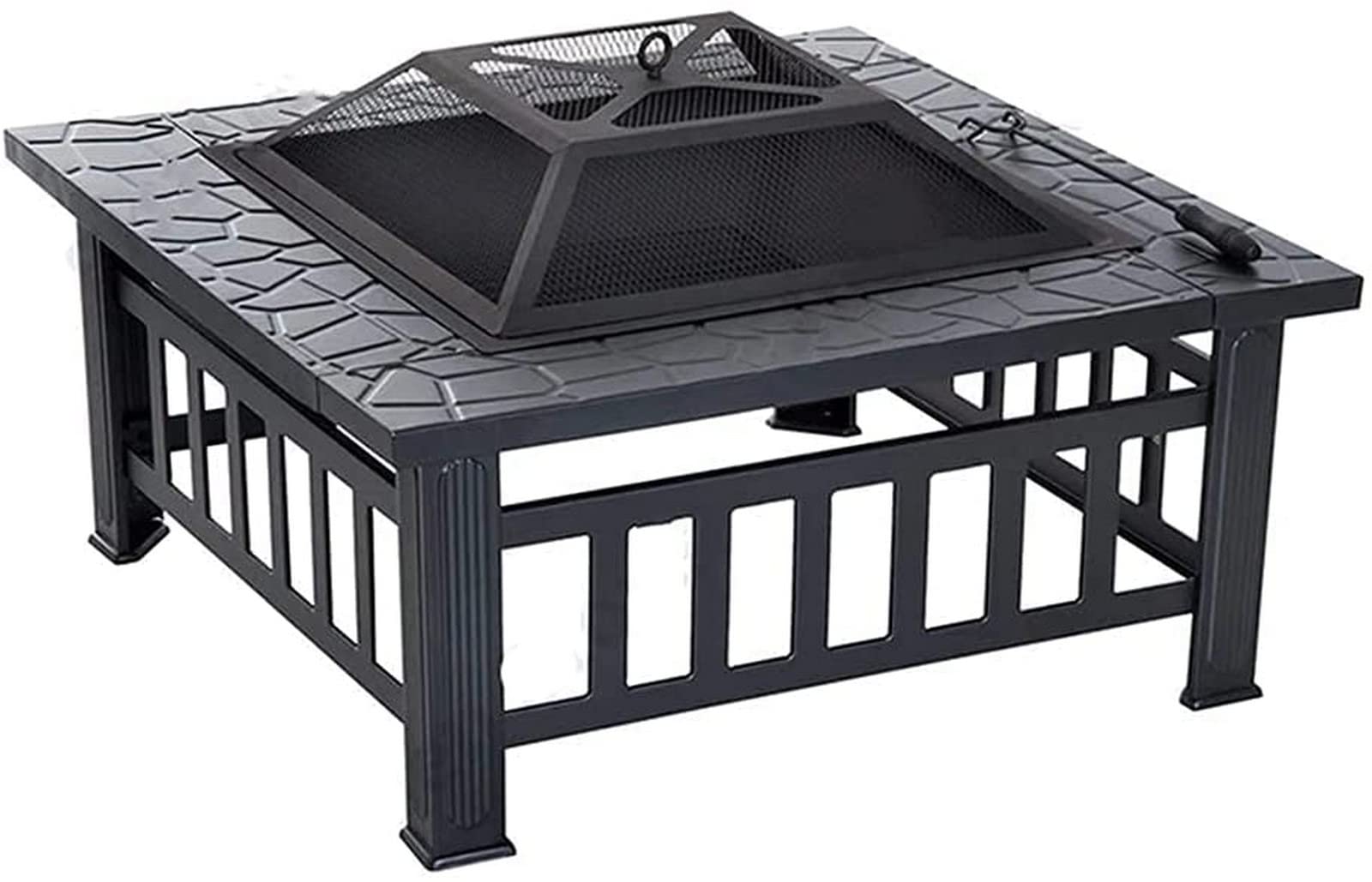 Braciere da Giardino con Camino da Esterno per Cortile, Tavolo, griglia, fornello da Campeggio, braciere, Barbecue, Cortile Esterno per Campeggio (Nero 81x81x46 cm)