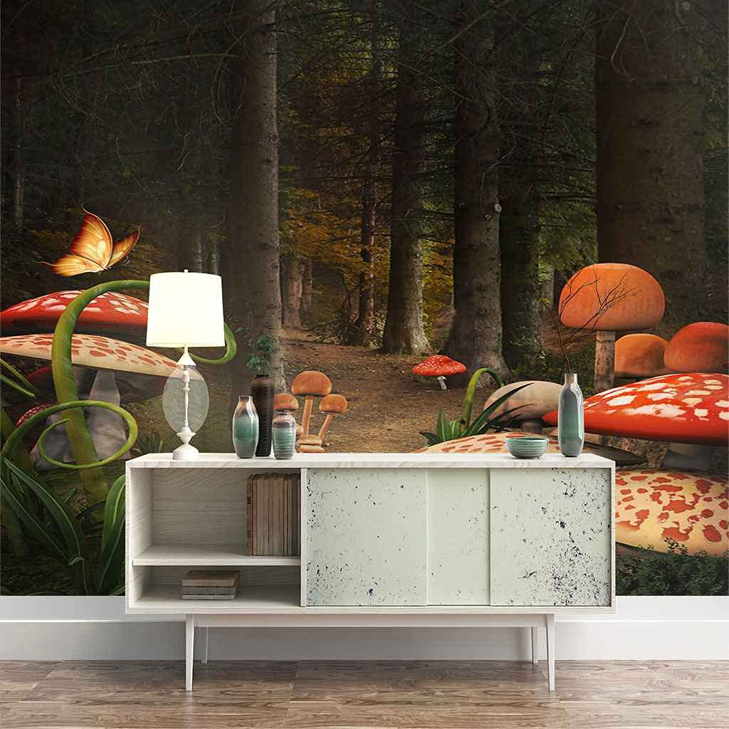 Toile auto-adhésive murale champignon rouge décoration 3D