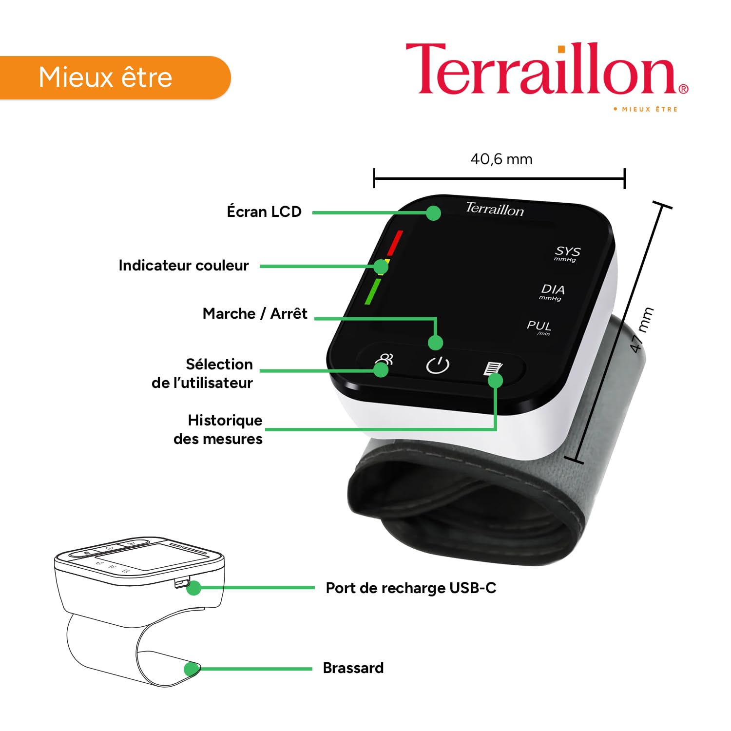 TERRAILLON Tensiometre Poignet compact, Classe IIA TENSIO POIGNET TP251 | Ecran LED, Tension Artérielle, Rythme Cardiaque, Indicateurs couleur, 2 profils, 99 Mémoires, Dim. brassard 13,5-19cm, USB-C