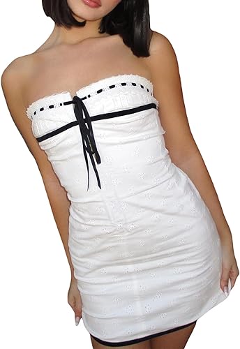 Miniatura 2 de NUFIWI Vestido corto sin tirantes para mujer, Y2k, con hombros descubiertos, estampado floral, vestido de tubo ajustado, sin espalda, vestido de