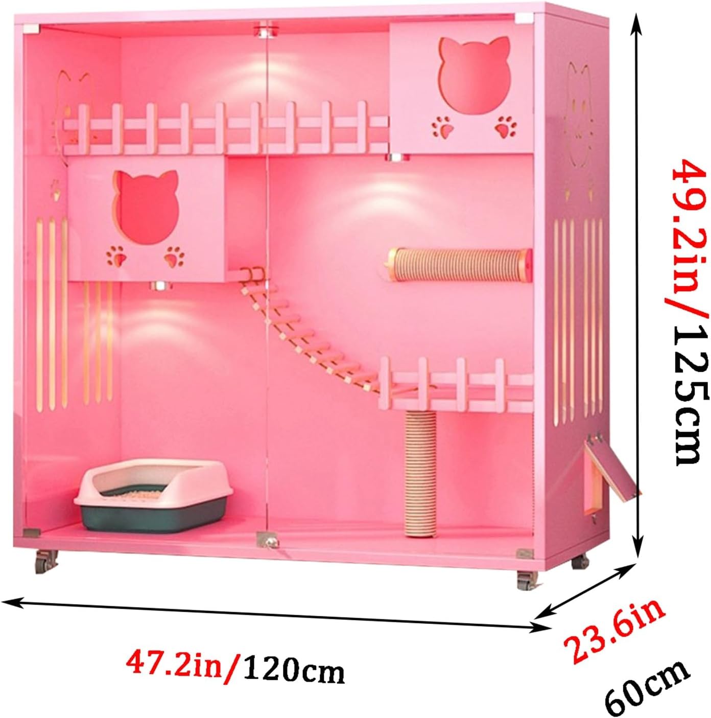 Cat Playpen, Indoor solid wood Cat Cage removable, Tempered glass panel, with side door, 360° swivel casters, Suitable for 2-3 kittens(23.6x49.2/60x125cm)