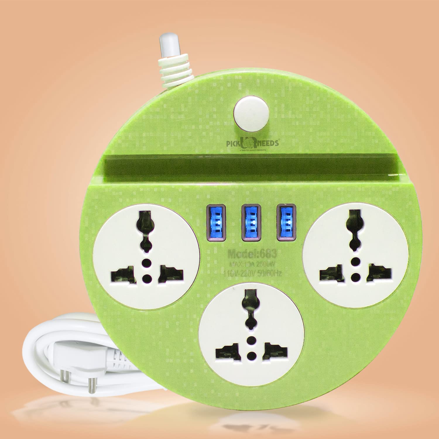 Pick Ur Needs Extension Cord/Board/Switch/Power Strip with 3 USB Charging Ports and 3 Socket -10 Amp Heavy Duty for Multiple Devices(Modern Green)-image-8