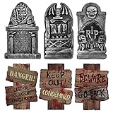 Halloween Decorations Outdoor Tombstones yard Decor 3pcs and Road Sign 3pcs with Stakes Reusable Lightweight Rugged and Waterproof Perfect for Creepy Yard Halloween Decorations & Party Supplies