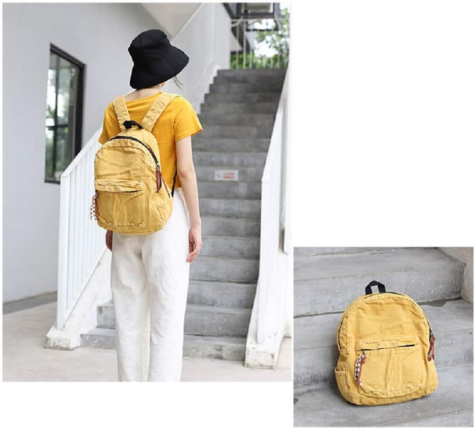 Backpack for Women Men Soft Denim Canvas Bag Casual Travel Backpacks Jeans Daypack Pure Colour Yellow