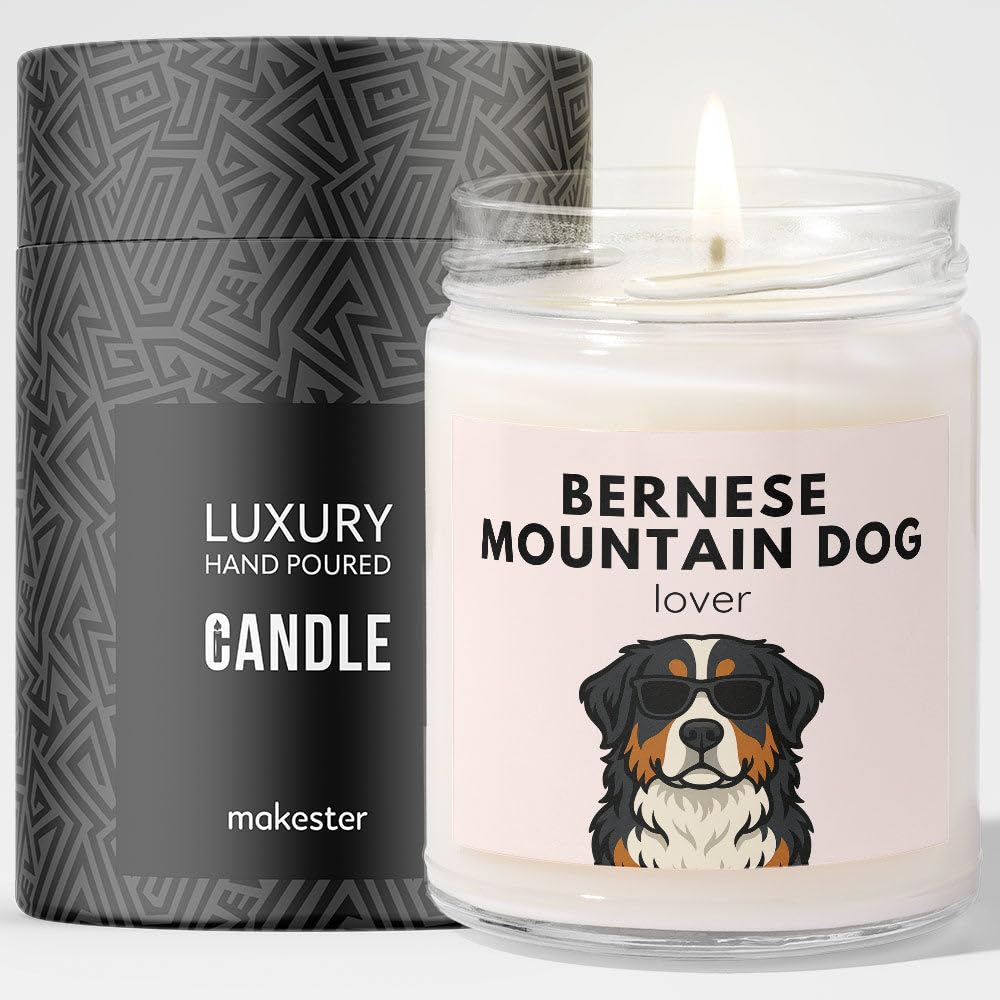 Bernese Mountain Dog Gifts - Luxury Soy Wax Candle - Vanilla, Jasmine, Sugared Almond - Dogs in Shades - Makester