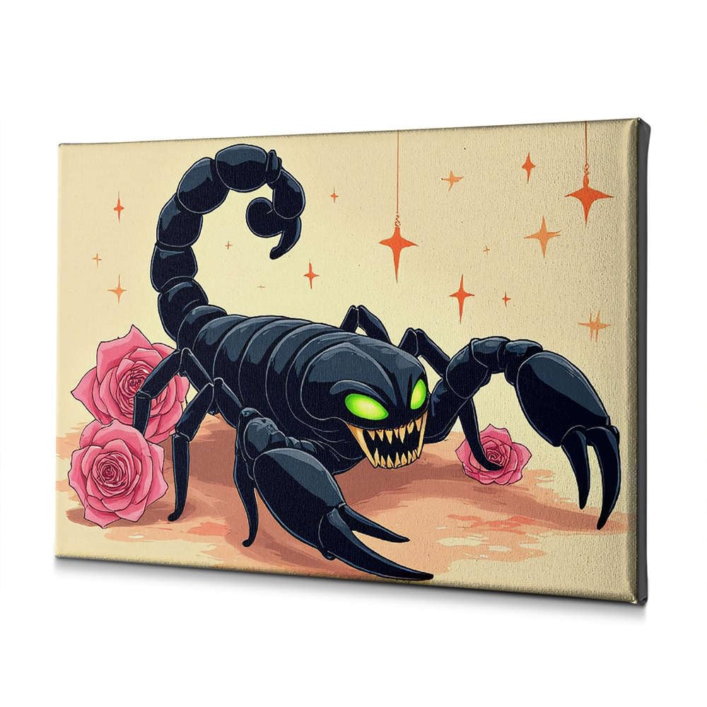 Tableau scorpion noir aux yeux verts brillants et roses roses sur toile 30x40