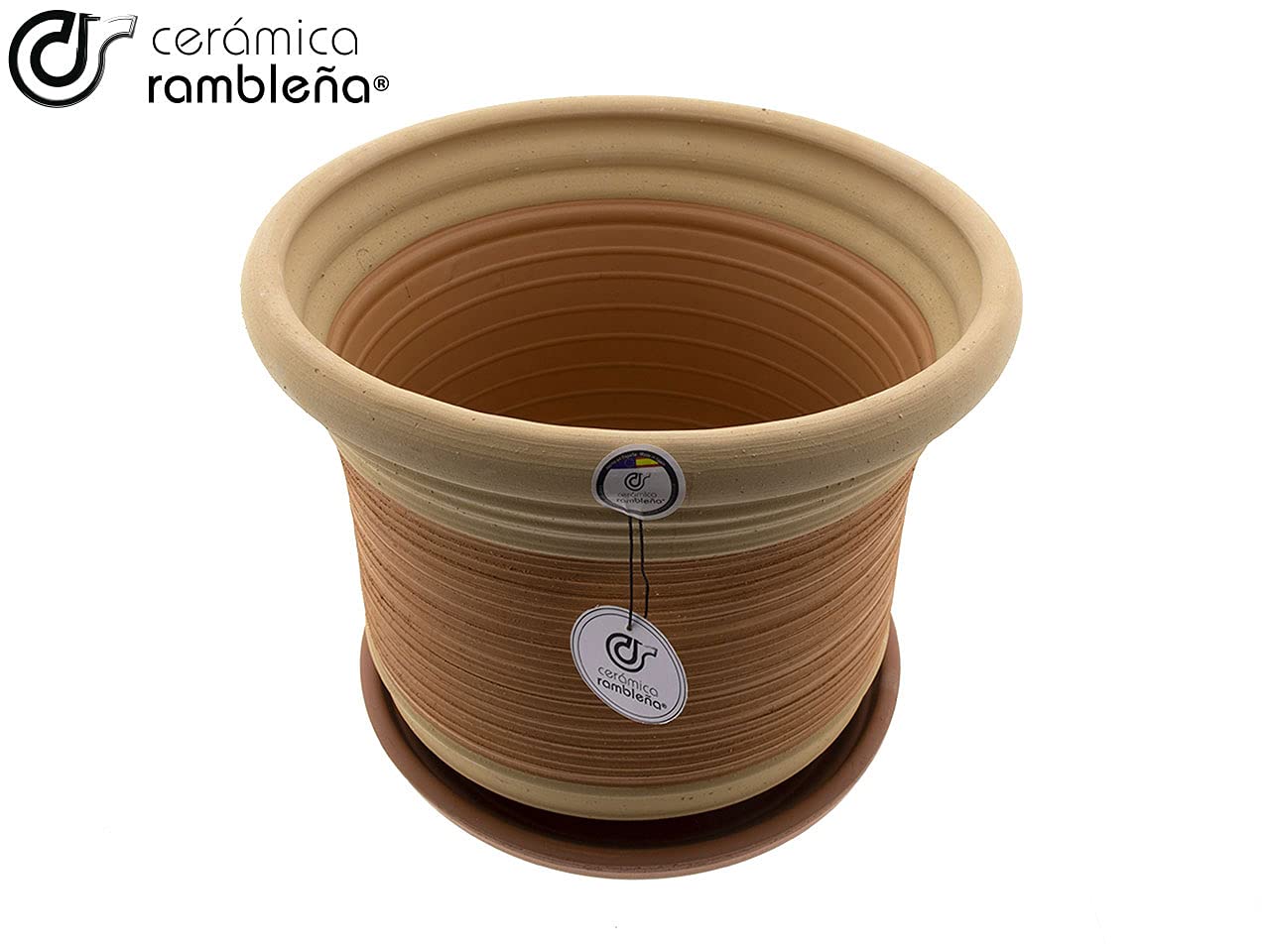 CERÁMICA RAMBLEÑA | Maceta Grande Exterior | Suelo Campana Baja Rústica-Rayada Modelo J29 | Plato Incluido 33x33x30 cm