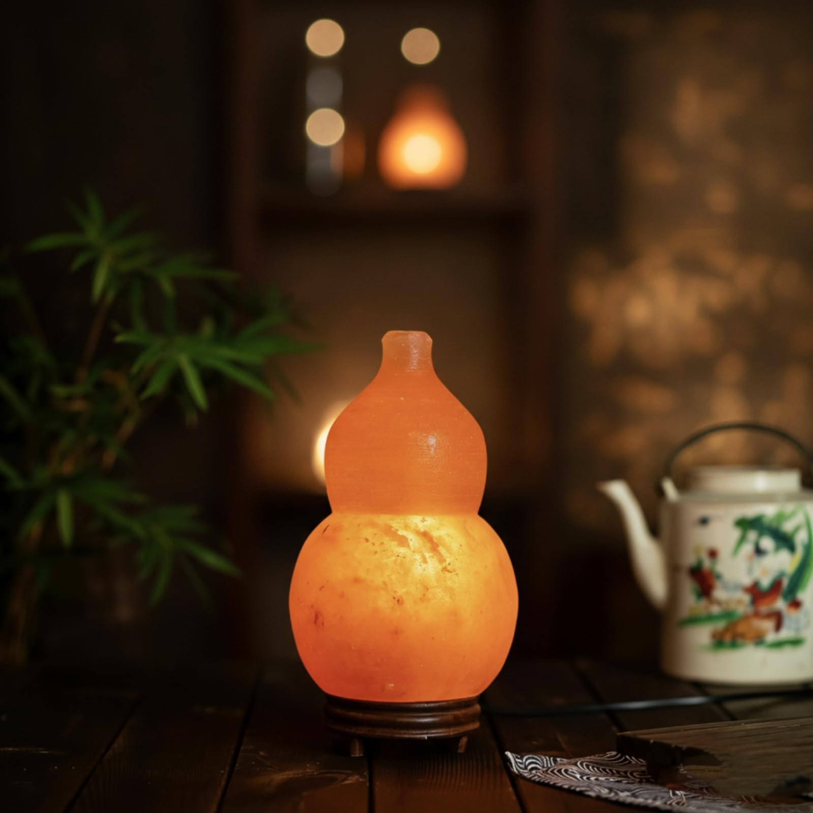 Lampe de Sel de l'Himalaya Lampe de Table Veilleuse Lampe Décorative Corps Taillé en Gourd sur Base Stable avec Variateur Intégré 15W pour Luminosité, Environ 12 24cm