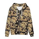 Garronmavis Chinese Dragon Women's Cute Hoodies Teen Girl Fall Jacket, Artistic Yellow Dragons Full Zip Up Hoodie, Folk Art Fashion Drawstring Y2K Jacket Clothes - XL
